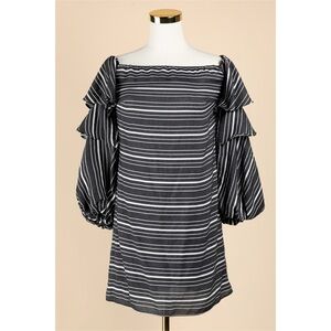 Sz M Scripted Black & White Striped Tiered Off The Shoulder Mini Dress NWOT